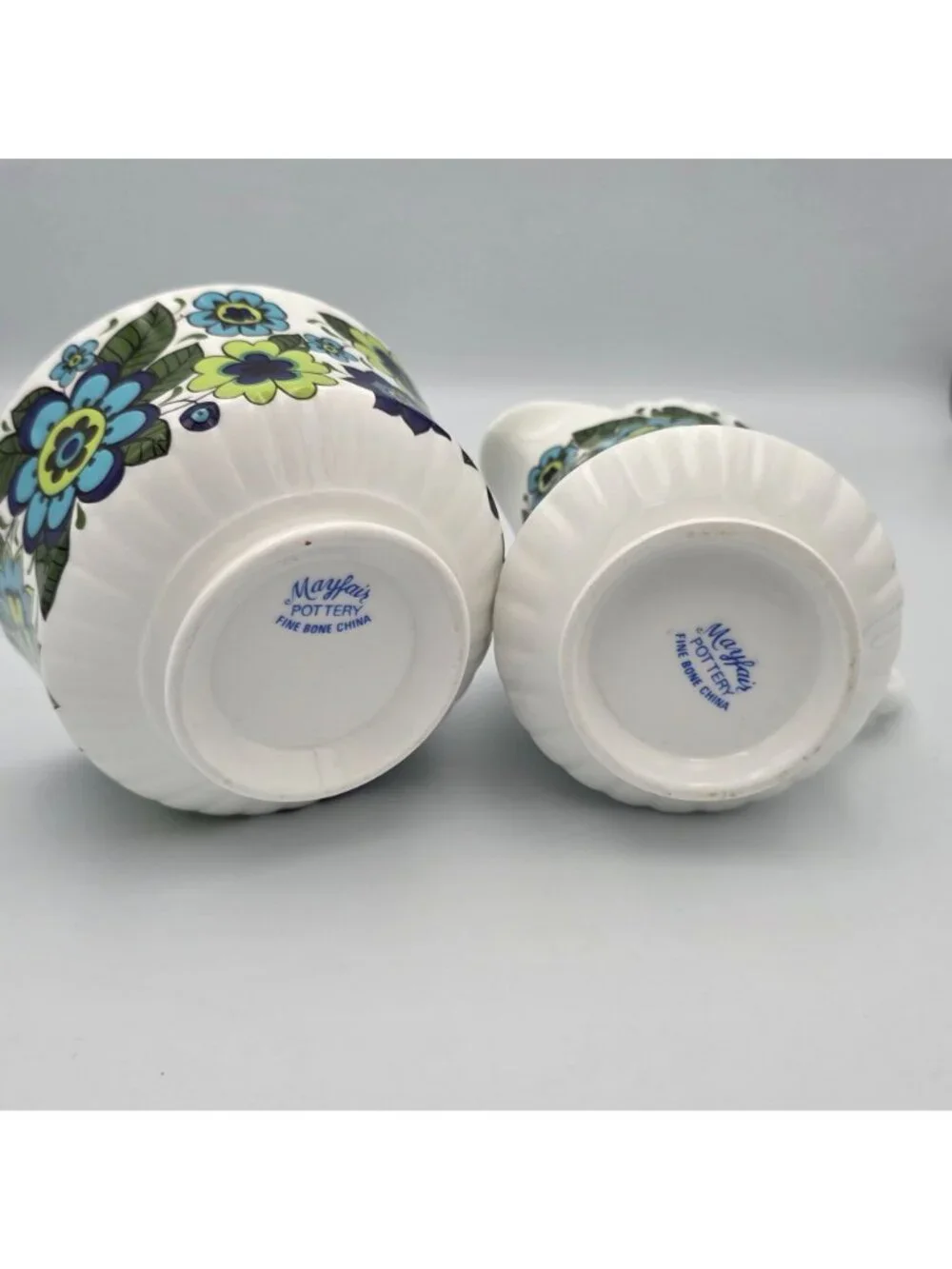 Mayfair Fine Bone China Creamer Sugar Bowl Set Groovy Floral Pattern Blue Green